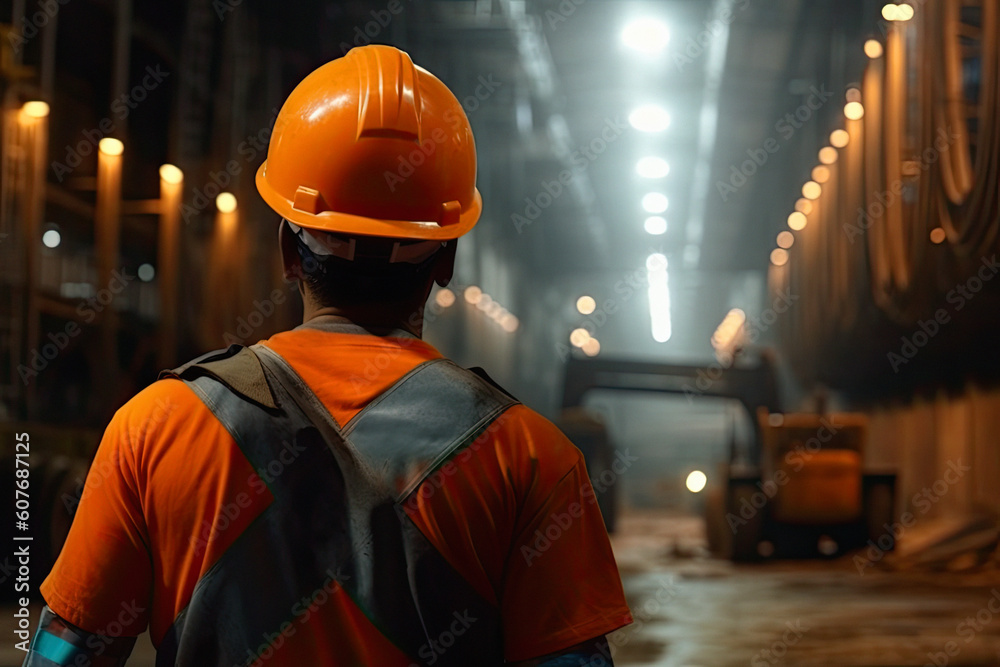 back of the construction worker head which is wearing the orange safety helmet. ai generative back of the construction worker head which is wearing the orange safety helmet. ai generative