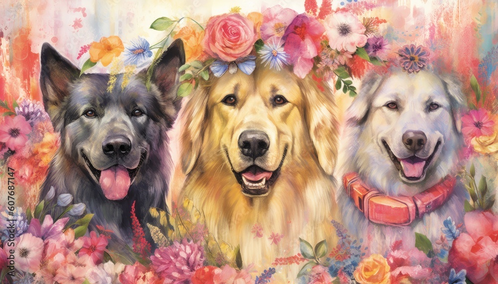 beauty of flowers with the charm of dogs a watercolor featuring dogs surrounded by a wreath of colorful blooms. intricate details and delicate washes to create a soft and dreamy effect 