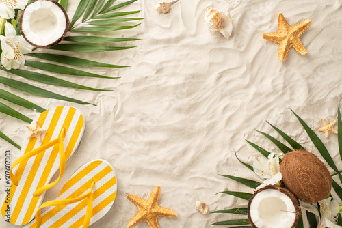 Fototapeta Naklejka Na Ścianę i Meble -  Embark on visual adventure into essence of summer with this captivating overhead arrangement: yellow flip-flops, shells, starfish, palm leaves, coconut, flowers on sandy shore, blank space for text