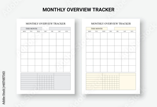 Monthly overview trackers, Undated Monthly Overview, Month on one-page Template