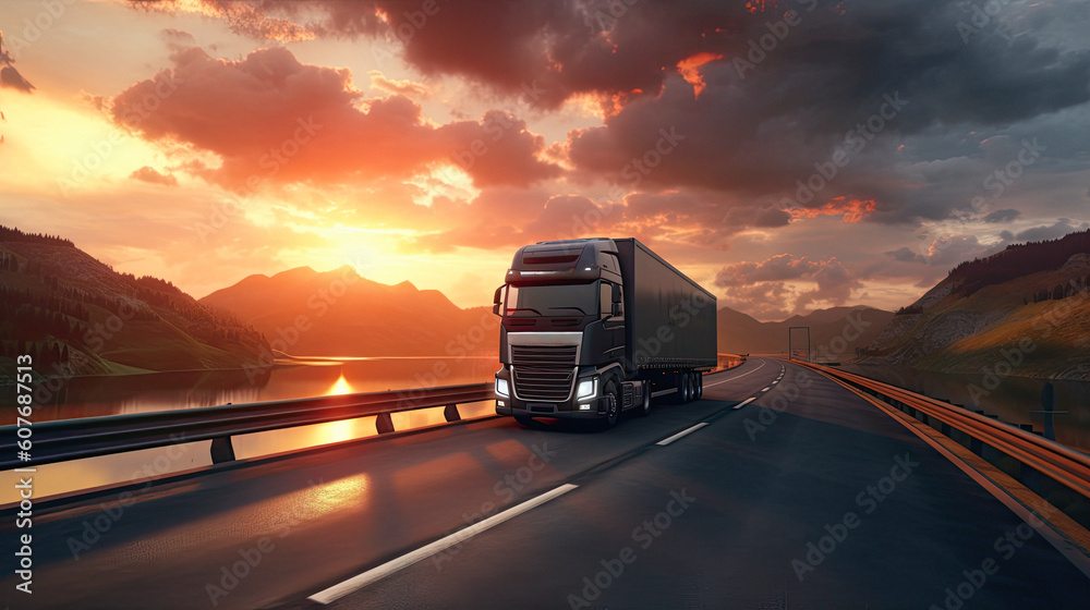  Truck run on highway, Logistics import export and cargo transportation industry concept of Container . Ai generative