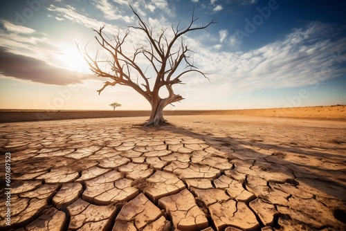 Barren landscape with parched soil and lifeless tree. AI