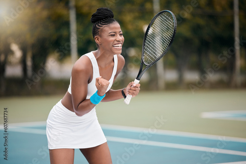Winner, celebrate and black woman excited, tennis and victory with fitness, happiness and sports. Female person, happy player or athlete on the court, game and exercise with workout goal and cheering © Beaunitta V W/peopleimages.com