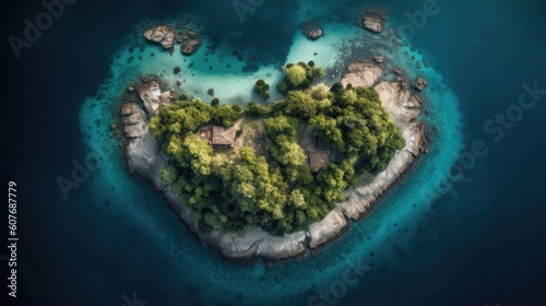 Top view of a tropical island in the middle of a crystal clear blue ocean, rendered by AI technology © Kitorai
