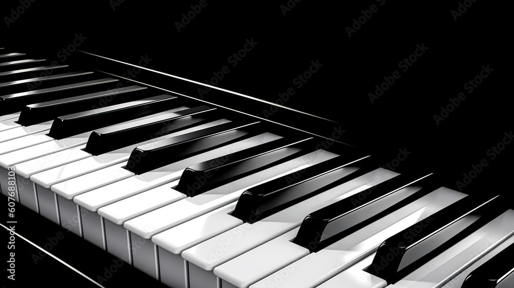 Piano keys on a black background, generative AI. Piano keys on a black background, generative AI.