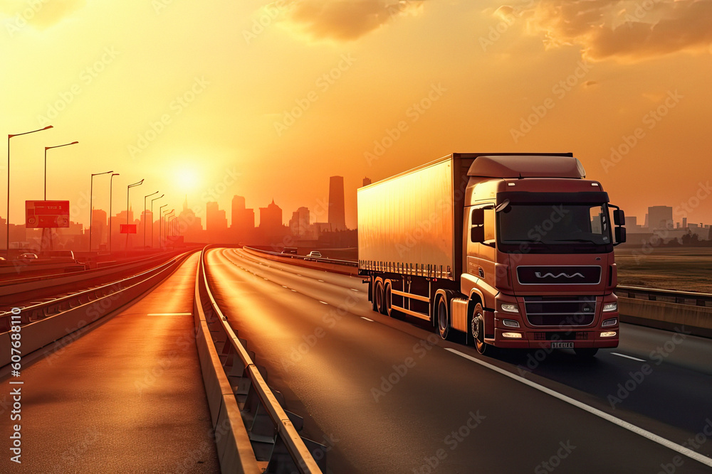  Truck run on highway, Logistics import export and cargo transportation industry concept of Container . Ai generative