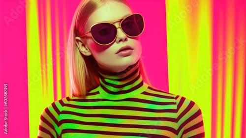 Young female model posing with trendy fashion outfit and colorful glowing vibrant green lime and pink optical art abstract background. Picturesque generative AI