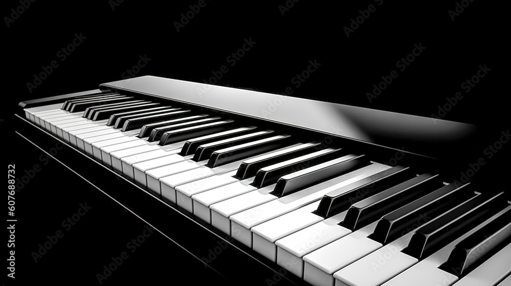 Piano keys on a black background, generative AI. Piano keys on a black background, generative AI.