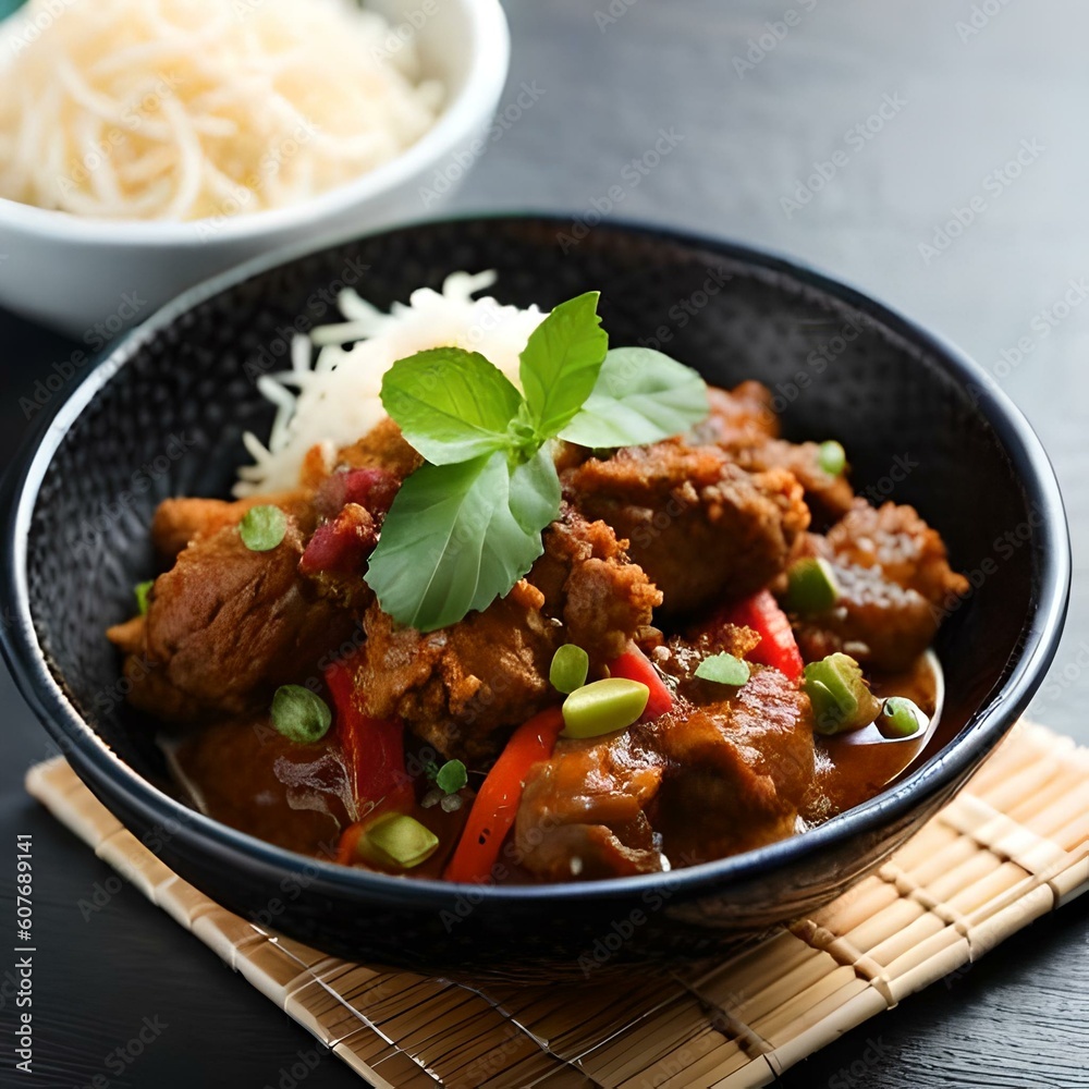 Rendang is an Indonesian West Sumatra Minangkabau spicy meat (commonly beef) that slow cooked in coconut milk and mixed spices, served during festive events like wedding, Eid Al Fitr, ai generated. Rendang is an Indonesian West Sumatra Minangkabau spicy meat (commonly beef) that slow cooked in coconut milk and mixed spices, served during festive events like wedding, Eid Al Fitr, ai generated.