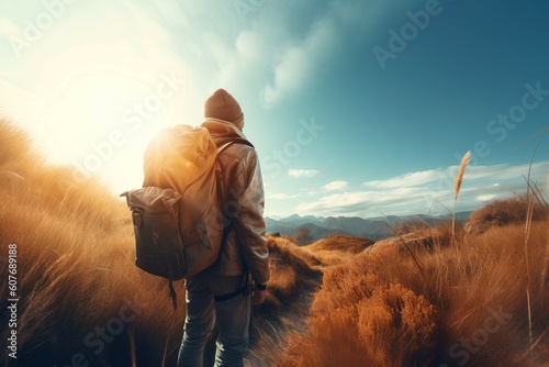 Hiker goes in mountains sunrise. Generate Ai