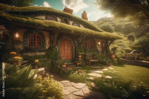 Hobbit house sunny day. Generate AI