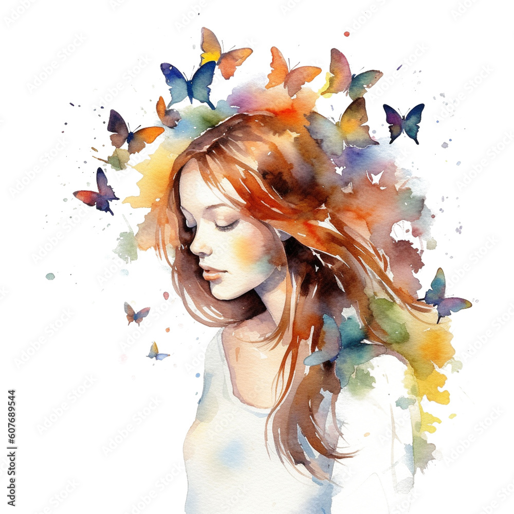portrait of a woman with butterflies with generative ai technology