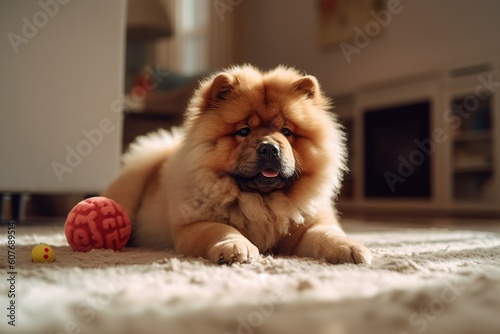 Chow Chow is playing with toys and balls in a bright living room of a cozy apartment.