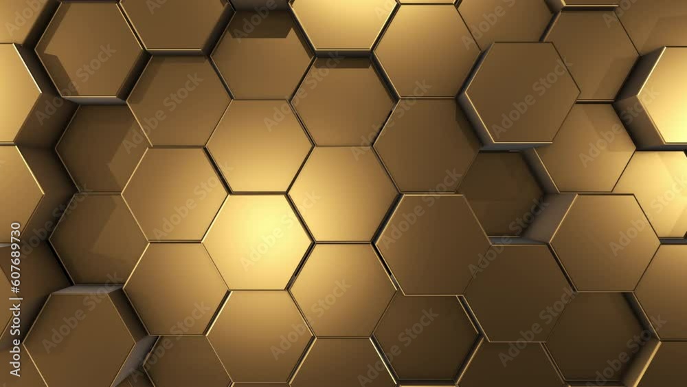 Gold background with moving hexagonal cylinders. Abstract 3D animation. Geometric figures. Gold background with moving hexagonal cylinders. Abstract 3D animation. Geometric figures.