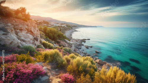 Beautiful spring scenery. Colorful morning scene. Fantastic sunrise. Picturesque seascape of Mediterranean sea