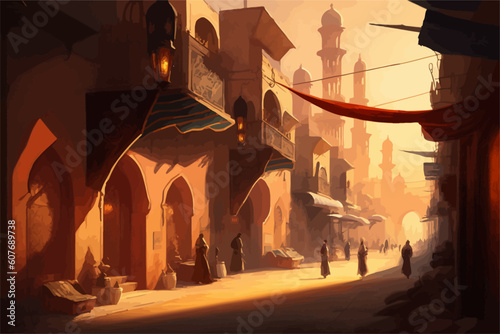 Old eastern style city landscape vector illustration. Alley road in town. Bazaar market and people walking. 