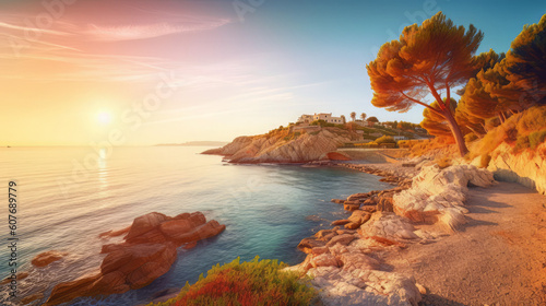 Beautiful spring scenery. Colorful morning scene. Fantastic sunrise. Picturesque seascape of Mediterranean sea © Tn