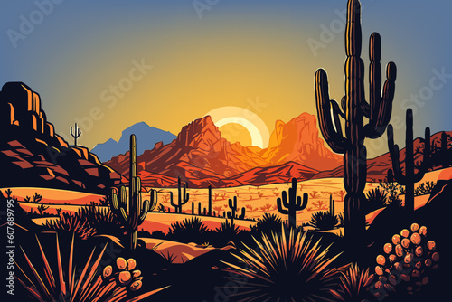 Western desert vector sunset background. Cactus and sand hot, dry nature landscape.
