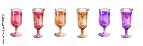 Cocktail glass watercolor vector set. Cocktails colorful alcohol beverage with fruits and berries illustration.