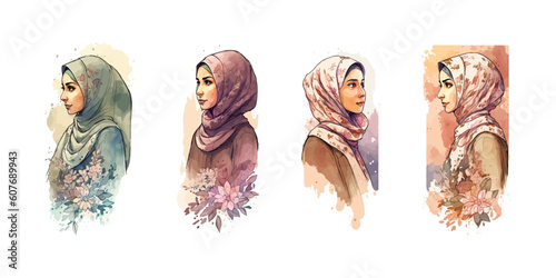 Woman in traditional muslim dress burqa watercolor illustration. Pretty eastern female person.