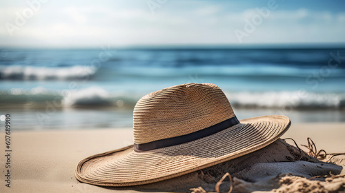 Fototapeta Naklejka Na Ścianę i Meble -  Summer composition on sandy beach with hat, blue sea as background, copy space. Summer vacation concept
