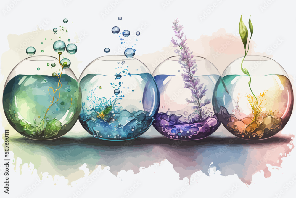 Aquarium set in watercolor multicolored style. Terrarium glass with water and leaves vector illustration.