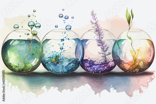 Obraz na płótnie Aquarium set in watercolor multicolored style. Terrarium glass with water and leaves vector illustration. w salonie