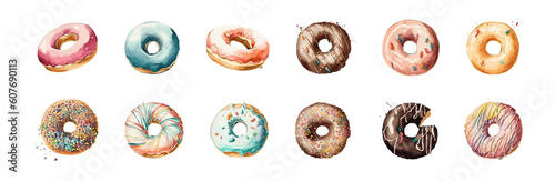 Donut watercolor set vector illustration. Sweet bakery in hand drawn style. Donuts glazed dessert collection.