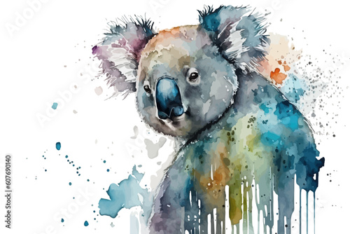 Koala watercolor vector illustration. Australian animal sitting on eucalyptus tree.
