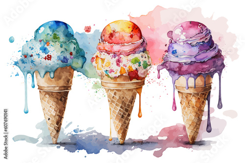 Ice cream sweet watercolor vector illustration. Cold creamy dessert in waffle cone.