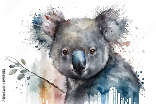 Koala watercolor vector illustration. Australian animal sitting on eucalyptus tree.
