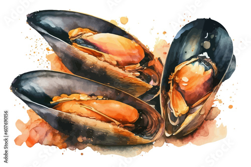 Oysters in watercolor style. Hand drawn oyster with paint splashes vector illustration.