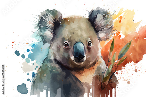 Koala watercolor vector illustration. Australian animal sitting on eucalyptus tree.