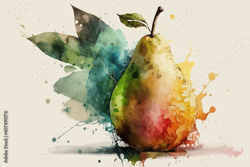 Pear watercolor style. Fresh fruit vector illustration.