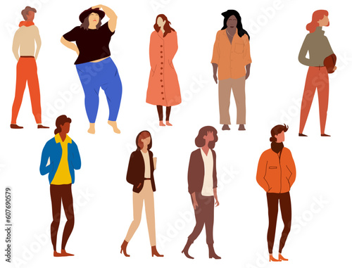 Set de dibujos vectoriales de gente aislada de pie de diferentes razas y edades, dibujos de gente de en pie de diferentes poses y cuerpos. Conjunto de varias personas de negocios  photo