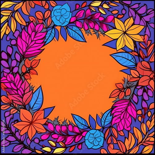Flat style, yellow background, contrast single, pink, red, purple, orange, blue leaves and flowers near the edges of the picture