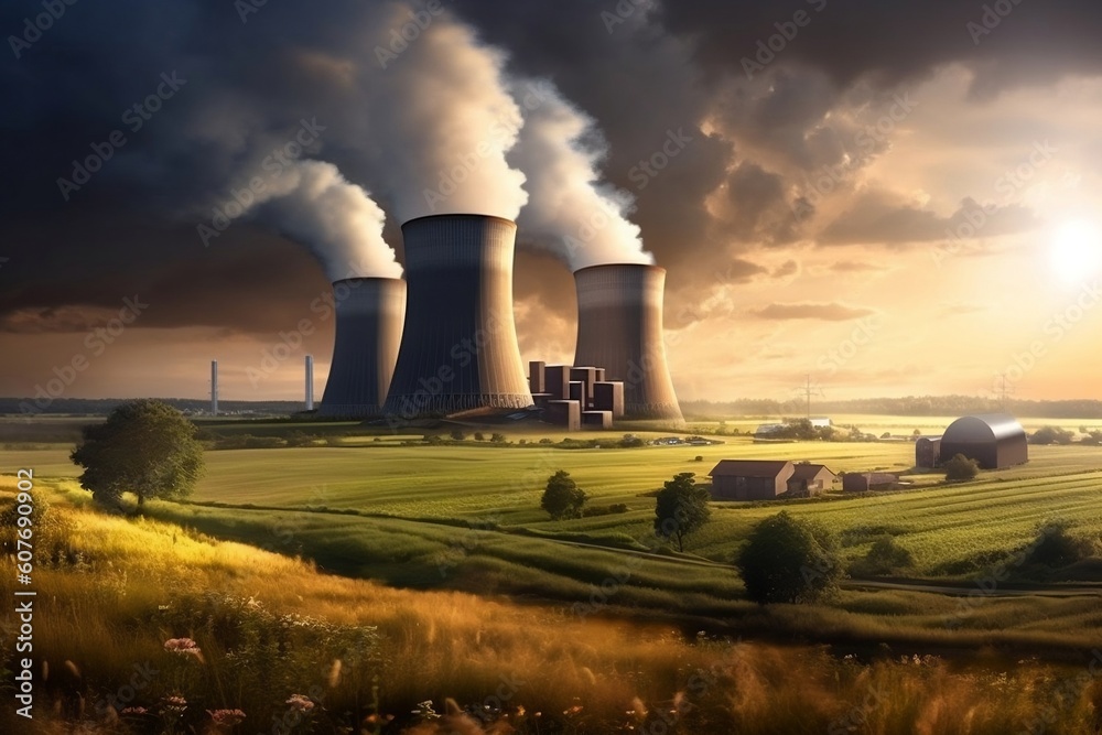 Giant Nuclear Power Plant Generates Energy with Cooling Towers in Countryside. AI