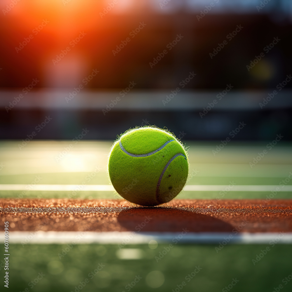  Green Tennis ball on Court, Zoomed shot, Futuristic, Orange color court, Stadium blurred in background, Main focus on Green tennis ball
