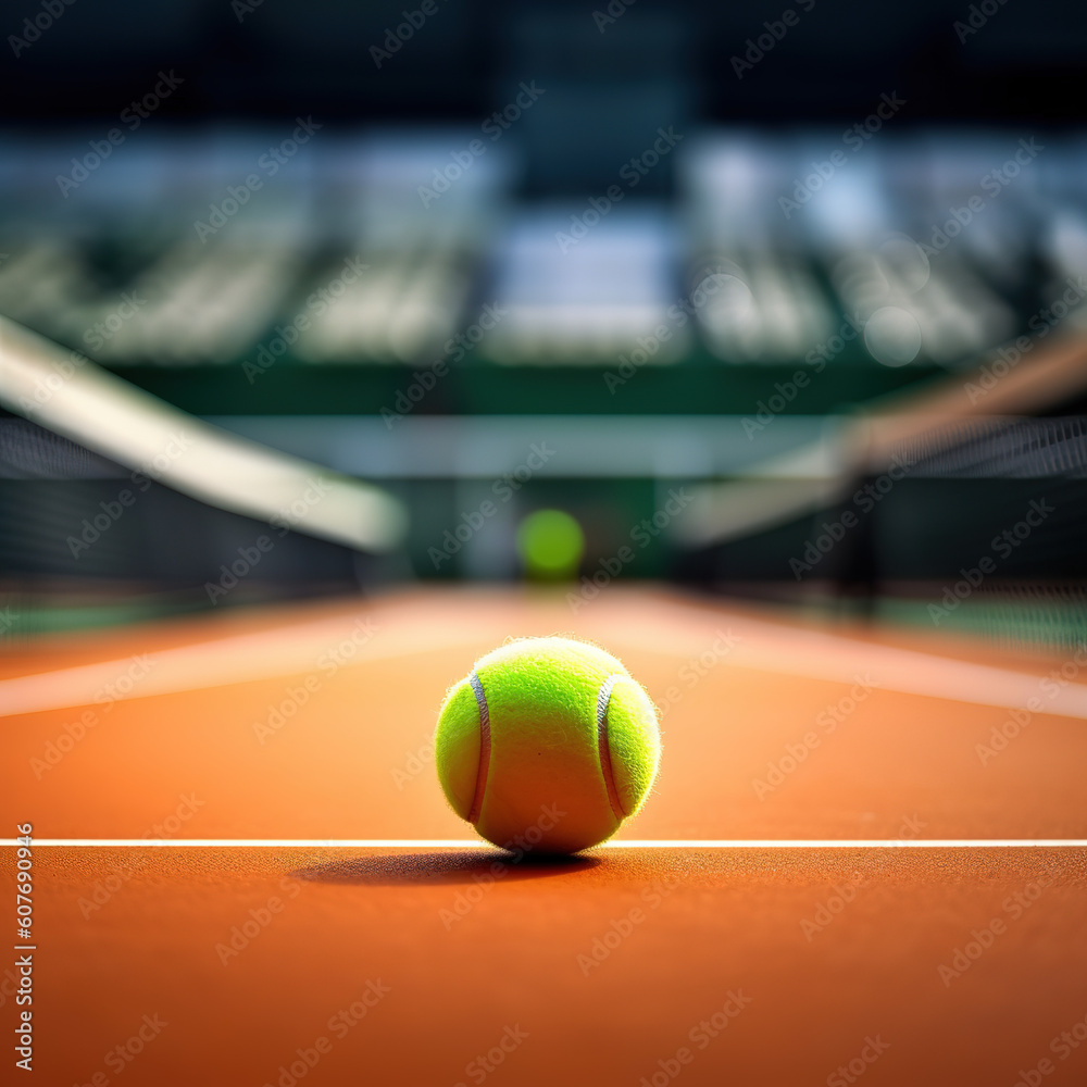 Green Tennis ball on Court, Zoomed shot, Futuristic, Orange color court