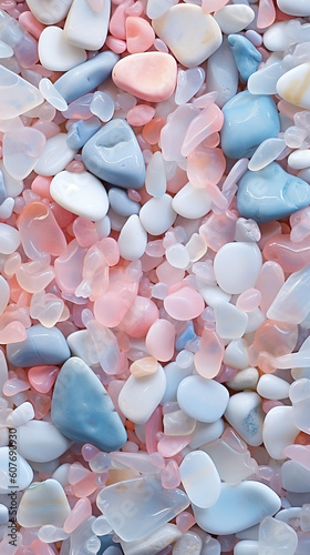 Summer beach, transparent and shining pebbles, light blue, pink, white