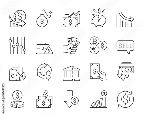 set of 20 web icon Dollar collapse. Economic crisis, Inflation. Vector illustration. editable stroke