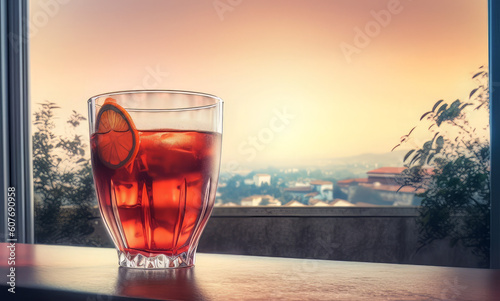 beautiful hot cocktail on the balcony, in the style of nostalgic landscapes, light red and dark amber