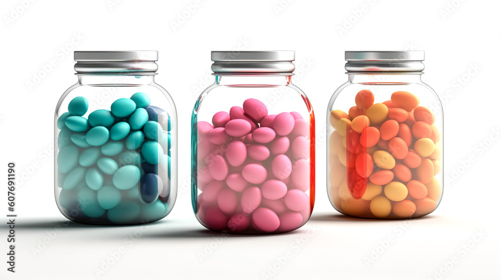 Multi-colored capsules in a jars, generative AI. Multi-colored capsules in a jars, generative AI.