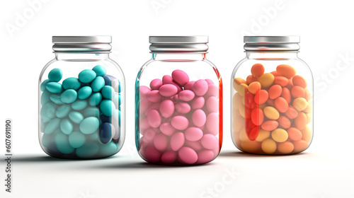 Multi-colored capsules in a jars, generative AI. photo