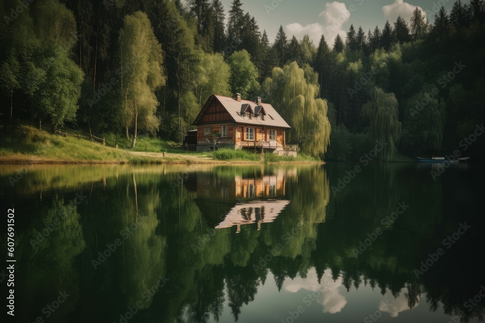 Fototapeta premium Forest lake house. Generate Ai