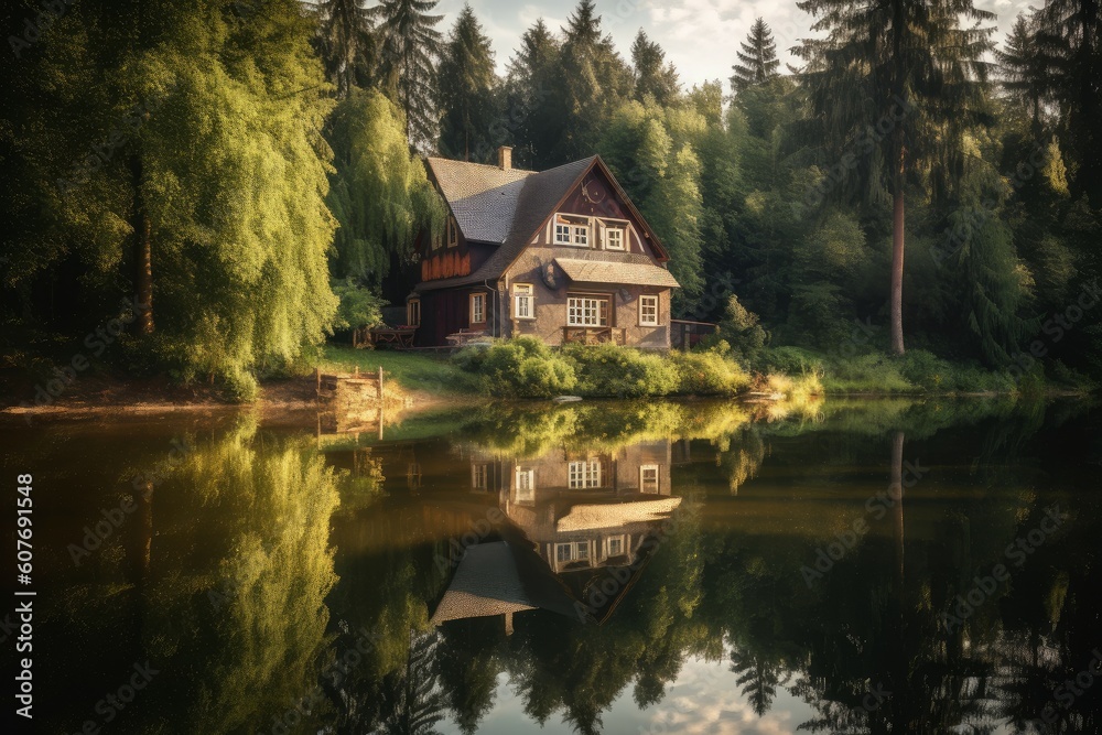 Obraz premium Forest lake house summer. Generate Ai