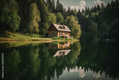 Forest lake house. Generate Ai photo