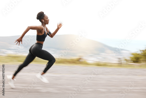 Athlete, mockup and fast black woman running and training for outdoor sports, workout and exercise for a marathon. Fitness, wellness and healthy female person or runner with speed for health
