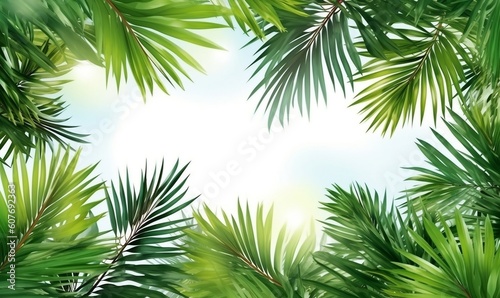 Vibrant Summer Scene  Coconut Leaves and Clear Sky on White Background. AI