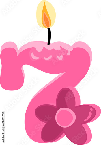 Pink seven 7 number happy birthday candle and flower vector illustration.
